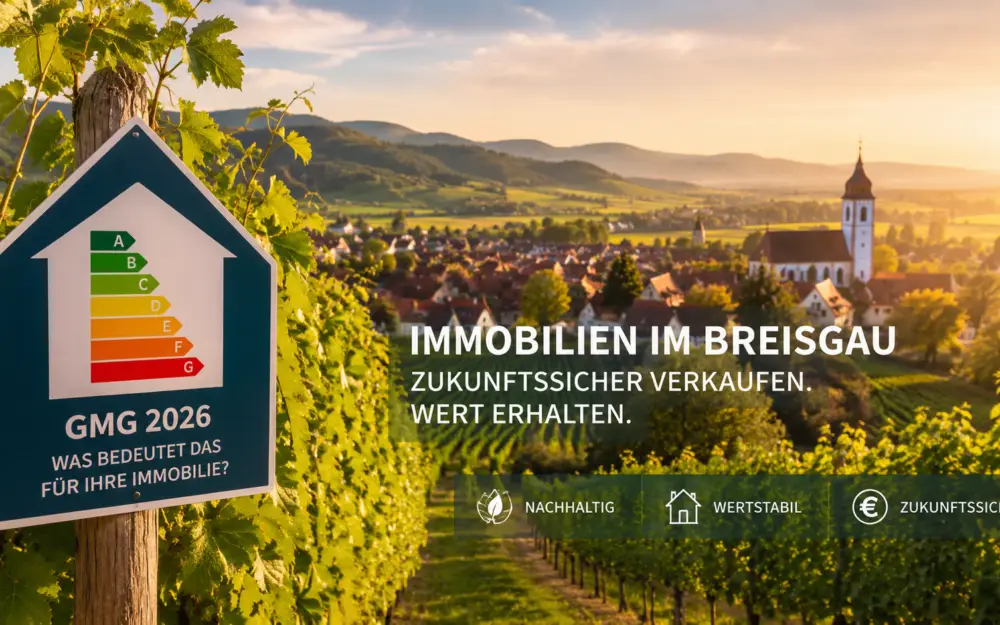 Vineyard scene in Breisgau with a blue energy-label sign in foreground and a village church at sunset; ad text promotes future-proof real estate and sustainability.